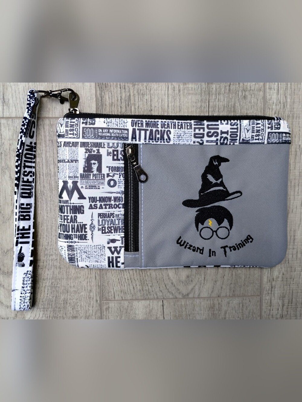 Harry Potter Themed Small Handbag with Wrist Strap, Black / Gray / White
